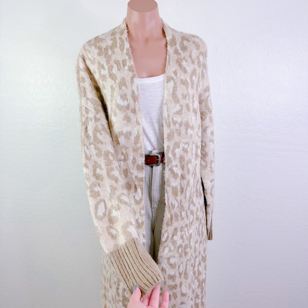 Topshop Leopard Animal Print Longline Open Front Cardigan Duster Tan Cream 4 6